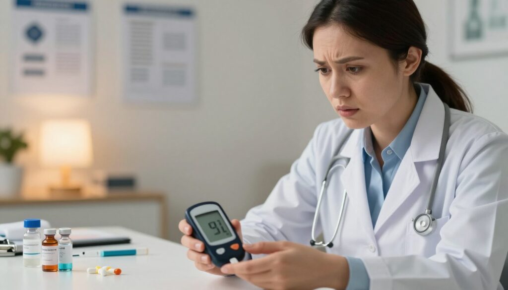 A serene and informative scene illustrating the dangers of hypoglycemia, featuring a professional and concerned healthcare provider in business attire, attentively examining a glucose meter. In the foreground, the meter displays a dangerously low blood sugar reading, with a subtle blur effect for emphasis. The middle ground includes a table with medical supplies like insulin vials and glucose tablets. In the background, there’s a softly lit medical office with medical charts on the walls and a calming color palette, exuding a sense of urgency and care. The lighting is warm, with a focus on the provider's expression of concern, creating a mood that balances professionalism and caution. No text or marks are present in the image.