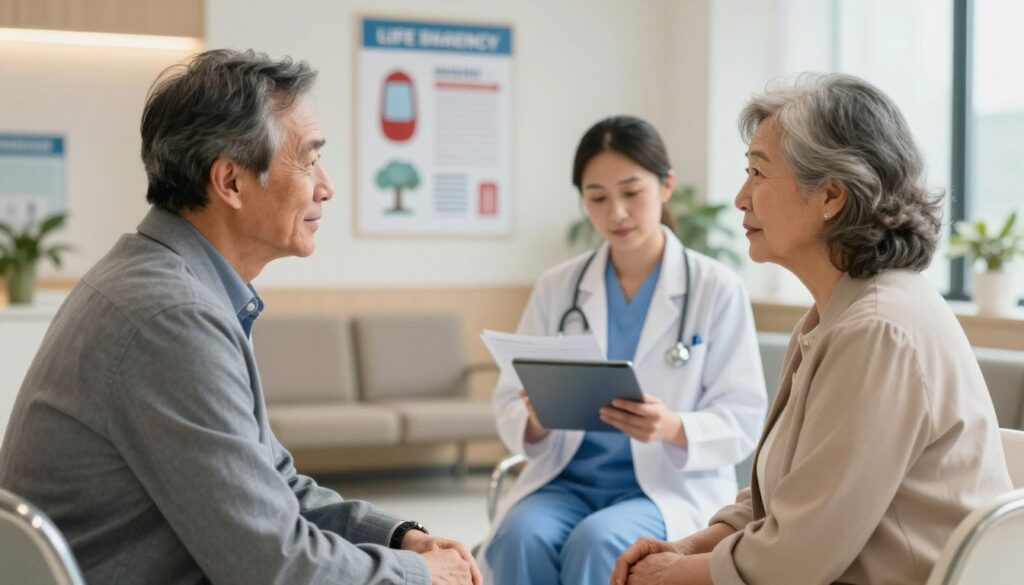 A serene and thoughtful scene depicting the impact of age at diagnosis on life expectancy, set in a modern healthcare setting. In the foreground, a middle-aged man and a senior woman, both dressed in professional business attire, engage in a meaningful conversation as they discuss health outcomes. The middle ground features a healthcare professional, a doctor or a nurse, examining charts on a digital tablet, symbolizing research and progress in diabetes care. In the background, a soft-lit waiting room with informative health posters about diabetes management and healthy living adds context. The atmosphere is calm and hopeful, with warm lighting that implies positivity and support. Use a shallow depth of field to focus on the subjects while softly blurring the background, creating an inviting and professional ambiance.