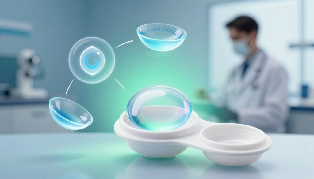 A visually engaging composition highlighting key criteria for selecting the ideal contact lens solution. In the foreground, a sleek, modern contact lens bottle with an ergonomic design is prominently displayed, glistening under soft, natural lighting. Surrounding the bottle, vivid illustrations of essential elements like hydration, comfort, and lens compatibility float in a semi-transparent manner. In the middle ground, a subtle gradient reflects a calming blue and green palette, symbolizing eye health. In the background, a faint silhouette of an eye doctor's office, giving a professional and informative atmosphere. The overall mood is educational and inviting, capturing the essence of informed choices for eye care products. No text or human figures are included, ensuring a clean focus on the subject matter.