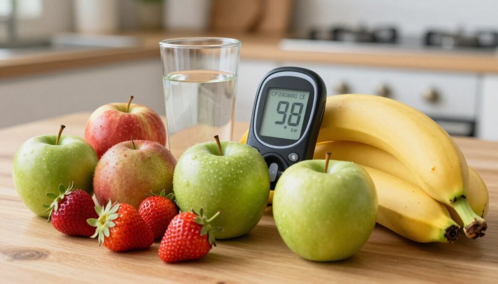 A visually striking composition focusing on ripe and unripe fruits on a wooden table, symbolizing the impact of fruit ripeness on blood sugar levels. In the foreground, a variety of colorful fruits such as strawberries, green apples, and bananas are artfully arranged, highlighting their different stages of ripeness. The middle background features a glass of clear fluid with a blood glucose meter next to it, emphasizing health monitoring. Soft, natural lighting from the left creates gentle shadows, enhancing the textures of the fruits. The background is softly blurred, suggesting a cozy kitchen atmosphere. The overall mood is bright and informative, designed to evoke a sense of healthy living and awareness of dietary choices. A visually striking composition focusing on ripe and unripe fruits on a wooden table, symbolizing the impact of fruit ripeness on blood sugar levels. In the foreground, a variety of colorful fruits such as strawberries, green apples, and bananas are artfully arranged, highlighting their different stages of ripeness. The middle background features a glass of clear fluid with a blood glucose meter next to it, emphasizing health monitoring. Soft, natural lighting from the left creates gentle shadows, enhancing the textures of the fruits. The background is softly blurred, suggesting a cozy kitchen atmosphere. The overall mood is bright and informative, designed to evoke a sense of healthy living and awareness of dietary choices.