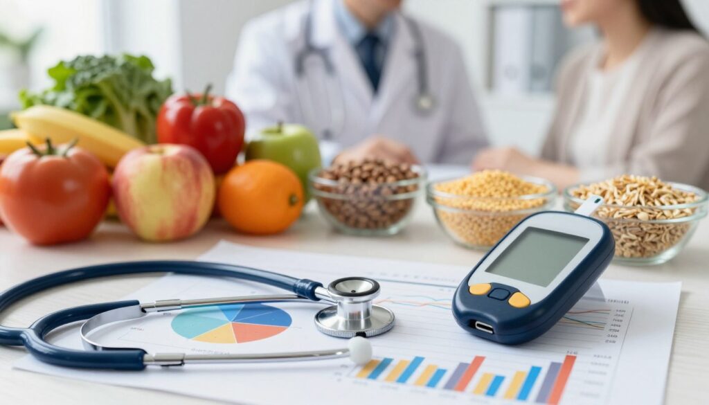 A visually striking image illustrating the concept of diabetes complications. In the foreground, depict a stethoscope and blood glucose meter alongside colorful charts showing blood sugar levels and health metrics, representing ongoing monitoring. In the middle ground, place diverse healthy foods such as fruits, vegetables, and whole grains, emphasizing a balanced diet as a preventive measure. In the background, subtly illustrate a healthcare professional, dressed in professional attire, discussing with a patient in a medical office setting, highlighting the importance of consultations in health management. The lighting should be bright and inviting, creating a sense of hope and proactive health management. Capture the overall atmosphere of empowerment and awareness in managing diabetes effectively.