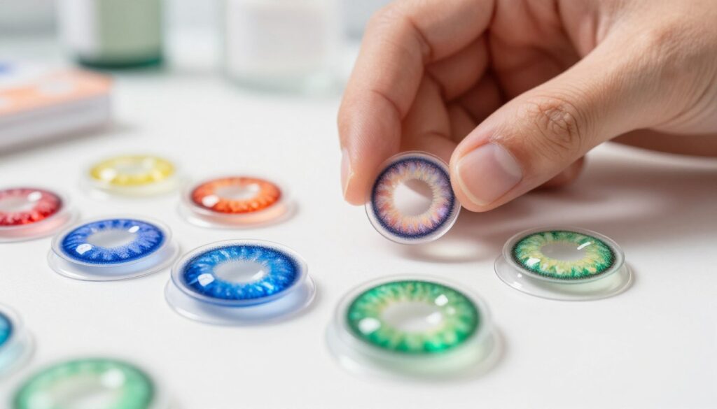 A vivid close-up of colorful contact lenses displayed on a pristine white surface, showcasing an array of vibrant colors like electric blue, fiery red, and emerald green. In the foreground, the lenses reflect light, creating a captivating shine. The middle ground features a pair of well-groomed hands gently holding a lens, illustrating careful handling. The background is softly blurred, hinting at a cozy, well-lit room to convey a safe and inviting atmosphere. The lighting is bright yet soft, enhancing the colors of the lenses while emphasizing their detail. The overall mood is one of creativity and safety, perfect for highlighting eye health and stylish aesthetics. A vivid close-up of colorful contact lenses displayed on a pristine white surface, showcasing an array of vibrant colors like electric blue, fiery red, and emerald green. In the foreground, the lenses reflect light, creating a captivating shine. The middle ground features a pair of well-groomed hands gently holding a lens, illustrating careful handling. The background is softly blurred, hinting at a cozy, well-lit room to convey a safe and inviting atmosphere. The lighting is bright yet soft, enhancing the colors of the lenses while emphasizing their detail. The overall mood is one of creativity and safety, perfect for highlighting eye health and stylish aesthetics.