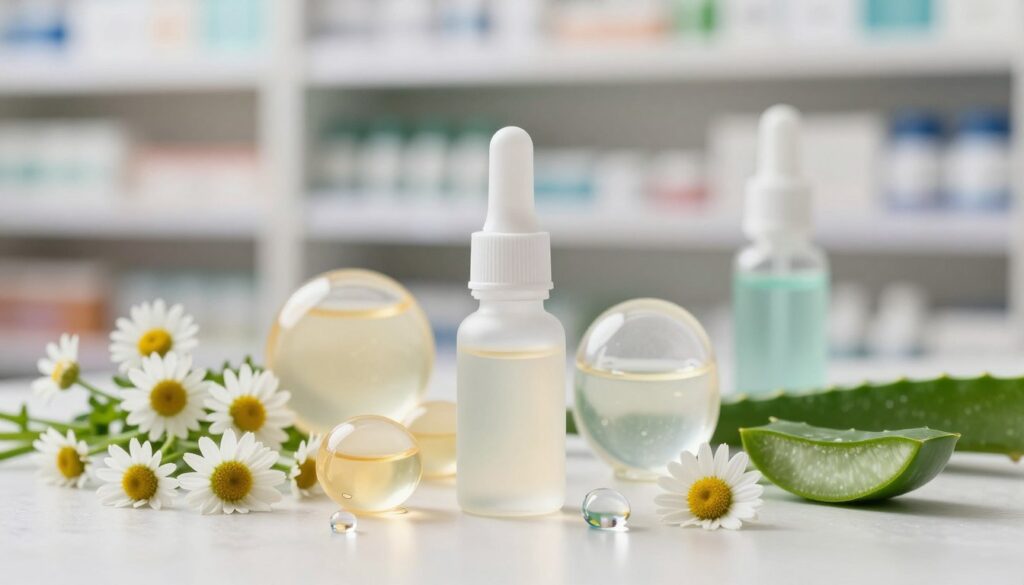 An aesthetically pleasing arrangement of eye care ingredients supporting contact lens comfort, prominently featuring soothing eye drops, natural extracts like chamomile and aloe vera, and hydrating serums. In the foreground, focus on a small bottle of eye drops with a sleek design, surrounded by fresh chamomile flowers and aloe leaves, showcasing their natural textures. The middle ground includes soft, translucent gel capsules filled with moisturizing formulas. In the background, a blurred vision of a softly lit pharmacy shelf creates a calm atmosphere. Use soft, diffused lighting to enhance the soothing mood, with a slight focus on the crystal-clear droplets reflecting light, inviting a sense of trust and care for eye health.